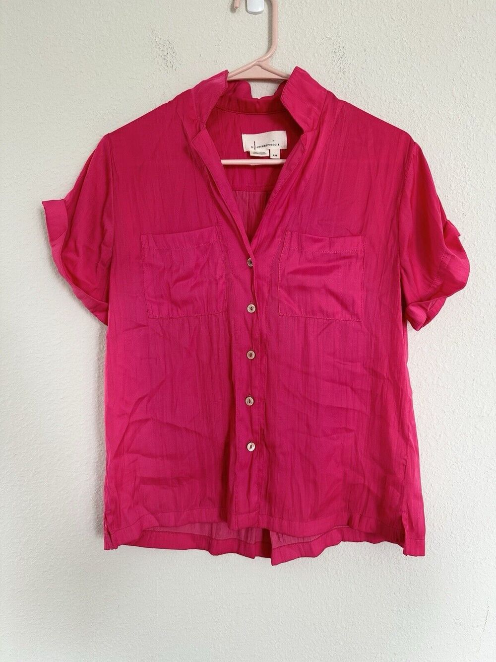 by anthropologie hot pink satin button down shirt Pocket SZ XXS Barbie Blouse